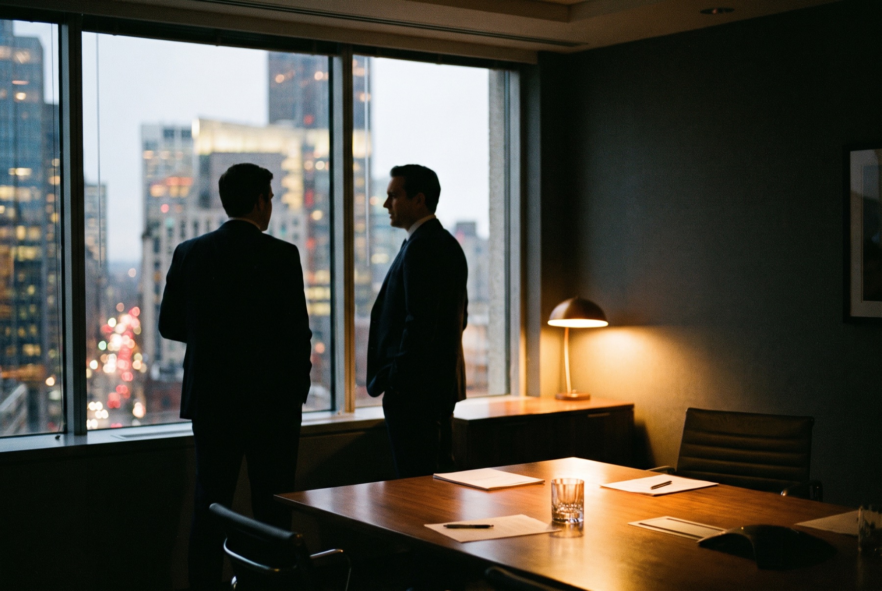 Vertrauliches Briefing in einem Boardroom bei Abendlicht